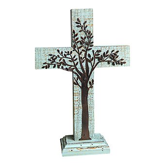 Wood Cross with Metal Tree